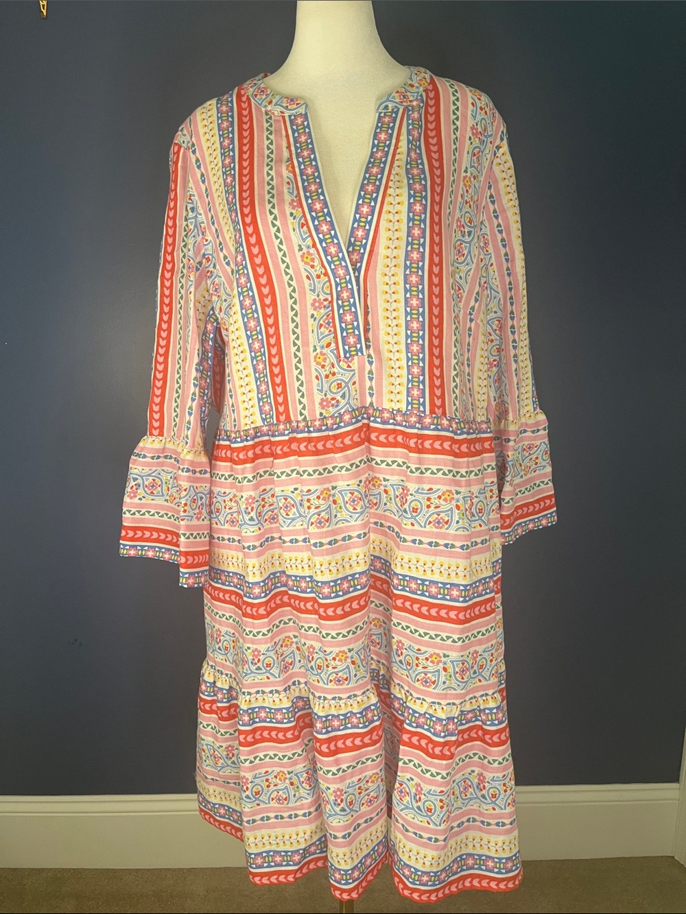 Boden  LINEN Paisley tiered V-Neck Women’s dress Ruffle sleeve & hem NWOT, 14R